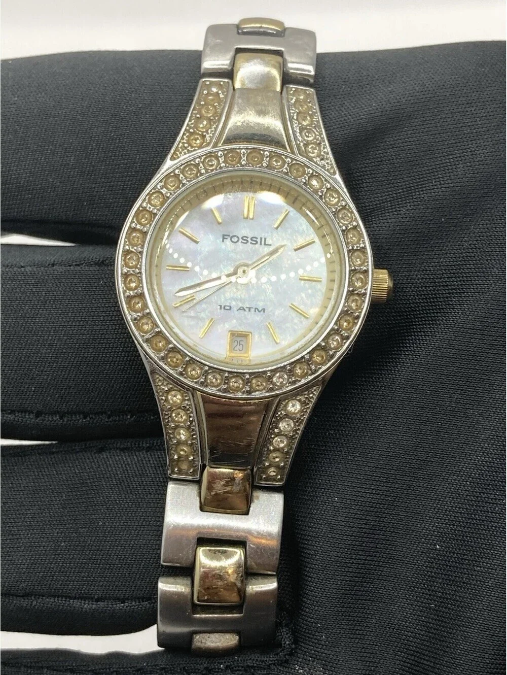 Fossil Women’s Quartz Watch Mother Of Pearl Dial Crystal Bezel Two-Tone Date